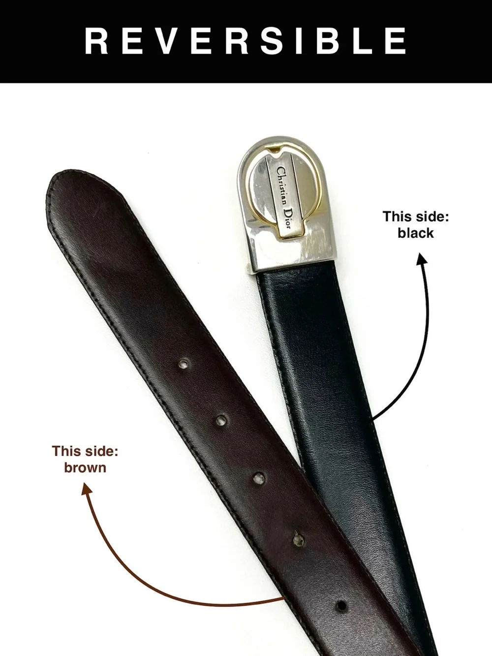 Vintage Christian Dior Reversible Men’s Belt Size 34 Black/Brown Leather VTG